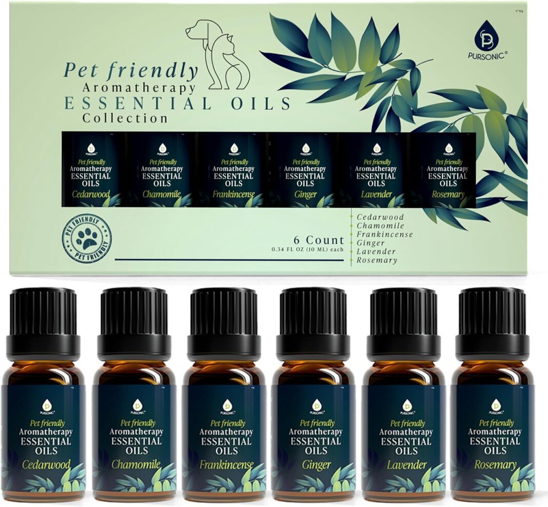 PURSONIC Pet Friendly Aromatherapy Essential Oils Collection, 6 Count Safe for Dogs and Cats, Natural Relaxation and Stress Relief