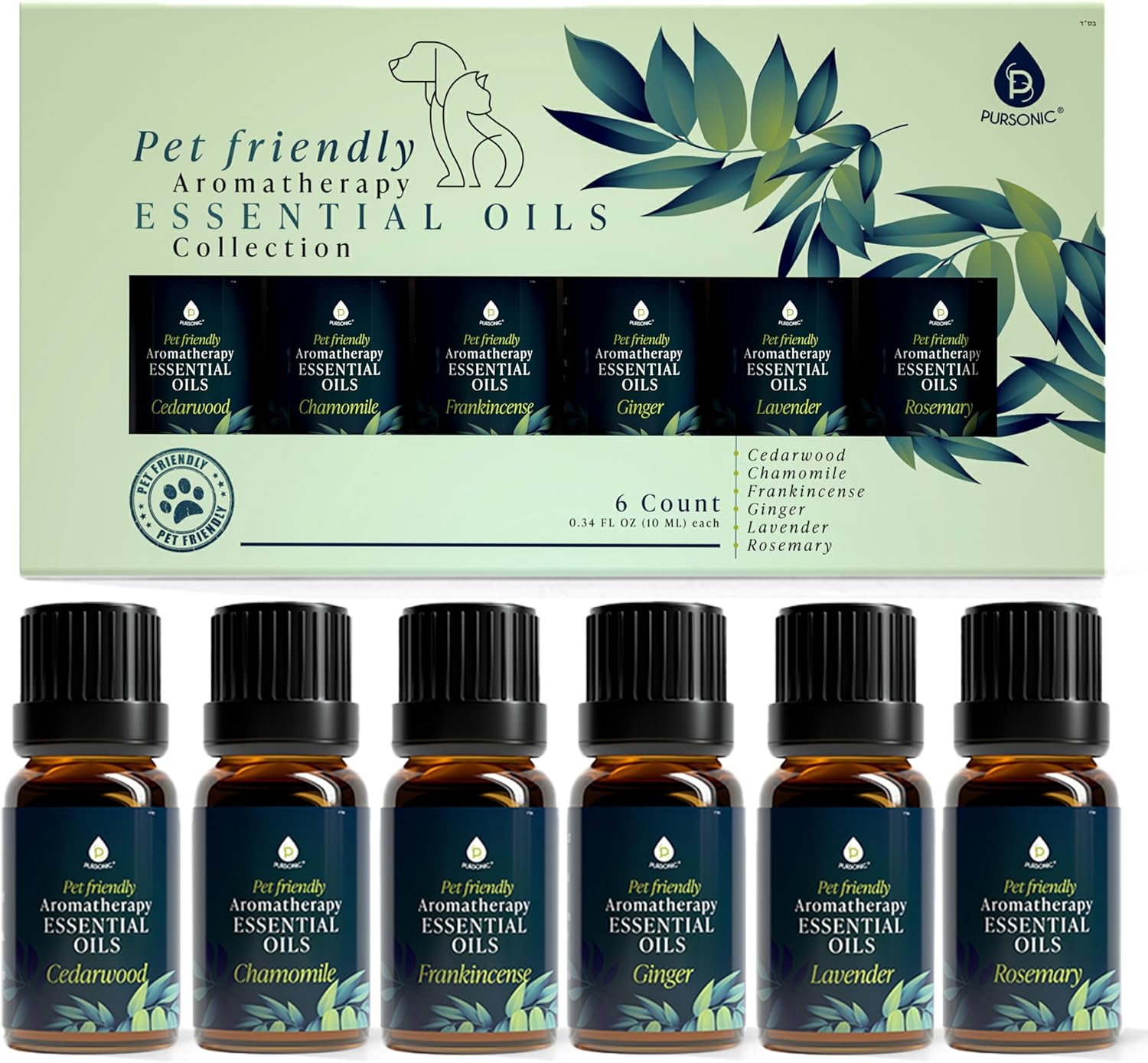 PURSONIC Pet Friendly Aromatherapy Essential Oils Collection, 6 Count Safe for Dogs and Cats, Natural Relaxation and Stress Relief