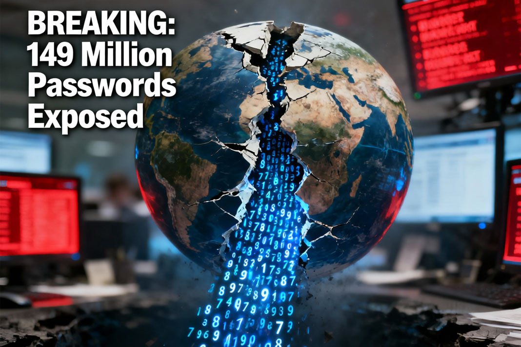 Infographic showing the breakdown of 149 million leaked credentials including Gmail, Facebook, and Netflix accounts discovered by Jeremiah Fowler.