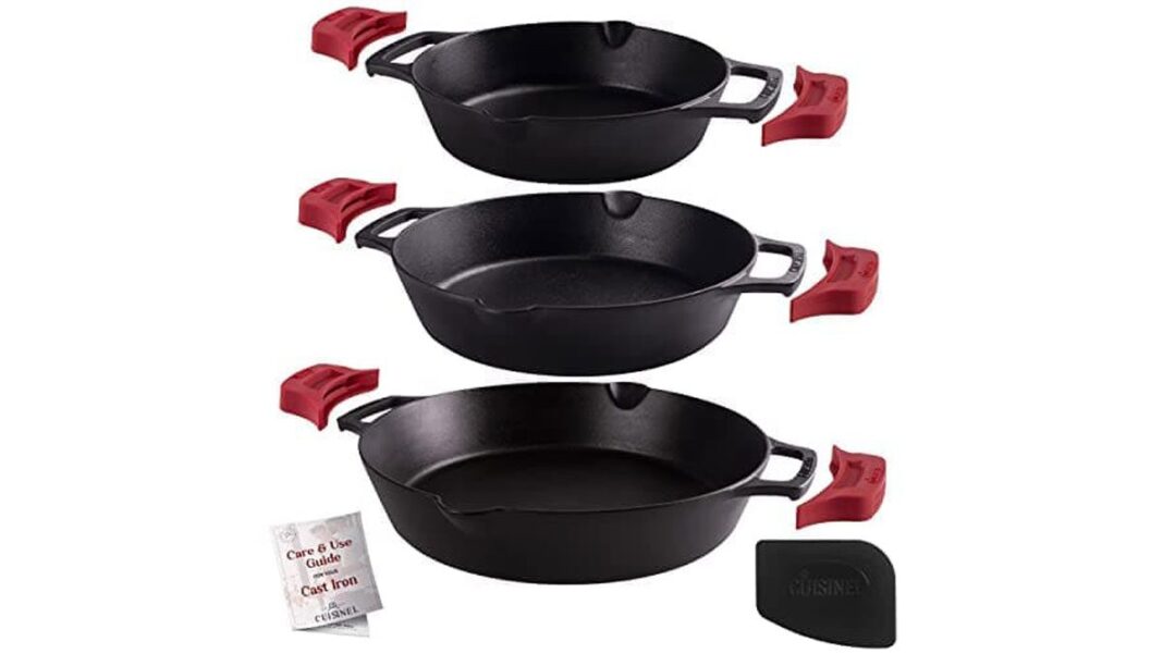 Cast Iron Skillet Set 8 + 10 + 12 Inch Dual Handle Frying Pans + Silicone Handle Holder Covers + Pan Scraper Pre Seasoned Oven, Grill, Stovetop, Induction Safe Cookware Indoor Outdoor Use
