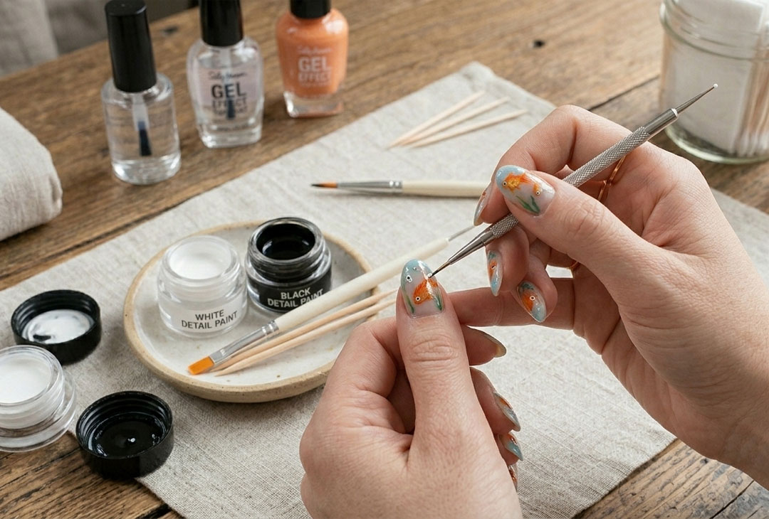 How to Create the Eye & Mouth Details for Your Gold Fish Nail Art
