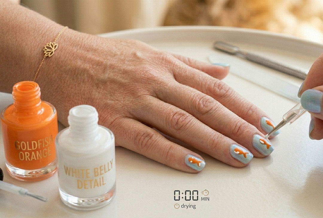 How to Paint The Fishy Belly Detail of Gold Fish Nail Art