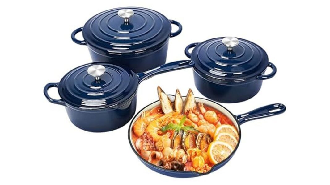 QuliMetal Nonstick Enameled Cast Iron Cookware Set, Frying Pan Skillet- 7-Pcs Pots and Pans with Lid, Healthy Round Dutch Oven Pot for Sourdough Bread Baking, Oven Safe up to 500° F or on All Stovetop QuliMetal Nonstick Enameled Cast Iron Cookware Set, Frying Pan Skillet